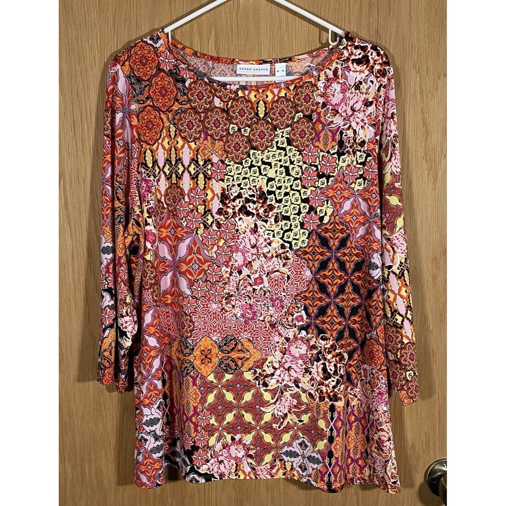 Susan Graver Women's XL Tunic Top Liquid Knit Mixed Media Stretch Pink Casual